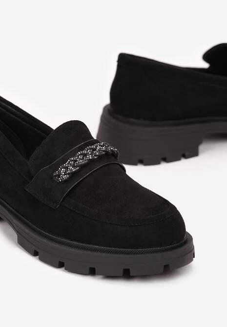 Czarne Mokasyny z Łańcuchem i Wkładką ze Skóry Naturalnej Elta