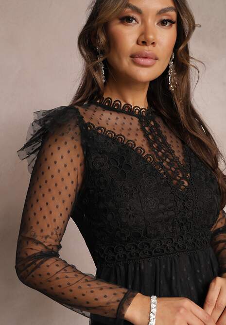 Czarna Sukienka z Koronką i Tiulem Welvia