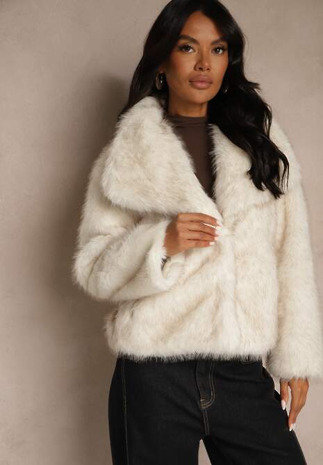 Beżowa Kurtka Futrzana Ozdobiona Kołnierzem Avelire