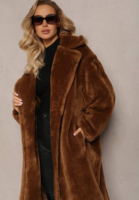 Brązowy Długi Płaszcz Futrzany Nlorre