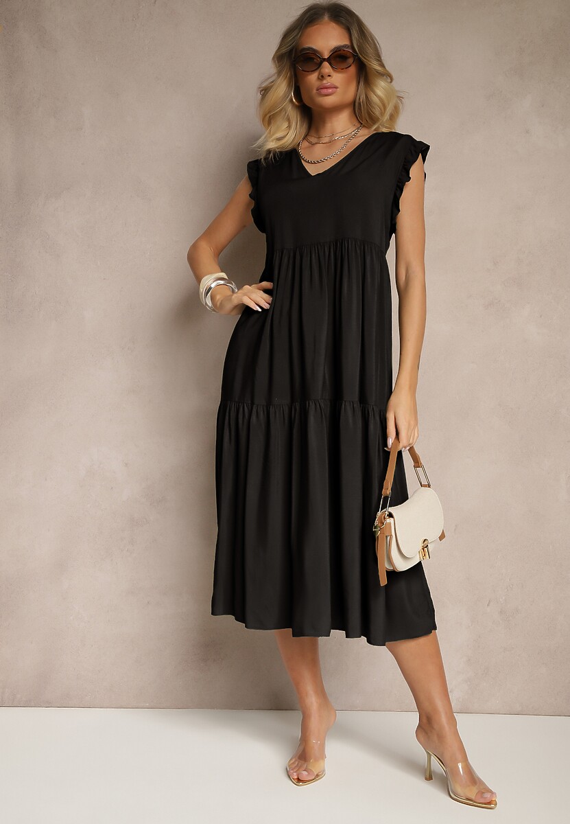 Czarna Sukienka z Bawełny z Falbankami Hirlio