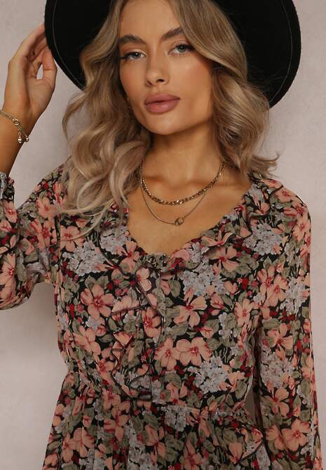 Czarno-Beżowa Sukienka Rozkloszowana w Kwiaty z Gumką w Pasie Bledareta