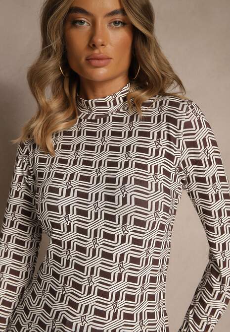 Biało-Brązowa Bluzka Longsleeve z Golfem z Bawełny w Geometryczny Print Zadanevia