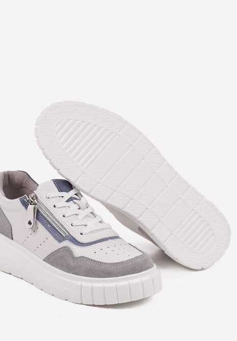 Biało-Szare Streetwearowe Sneakersy ze Skóry Naturalnej z Ozdobnym Suwakiem Eleavenna