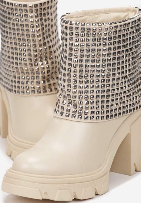 Beżowe Botki z Wywiniętą Cholewką Ozdobioną Cyrkoniami na Platformie i Słupku Felirok