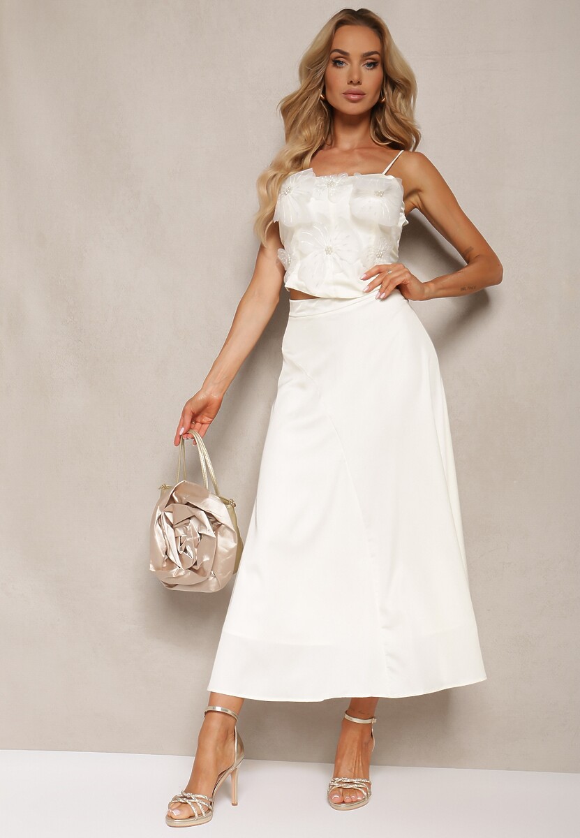 Jasnobeżowy 2-Częściowy Komplet Top z Kwiatowymi Aplikacjami Spódnica o Rozkloszowanym Kroju Zavidia