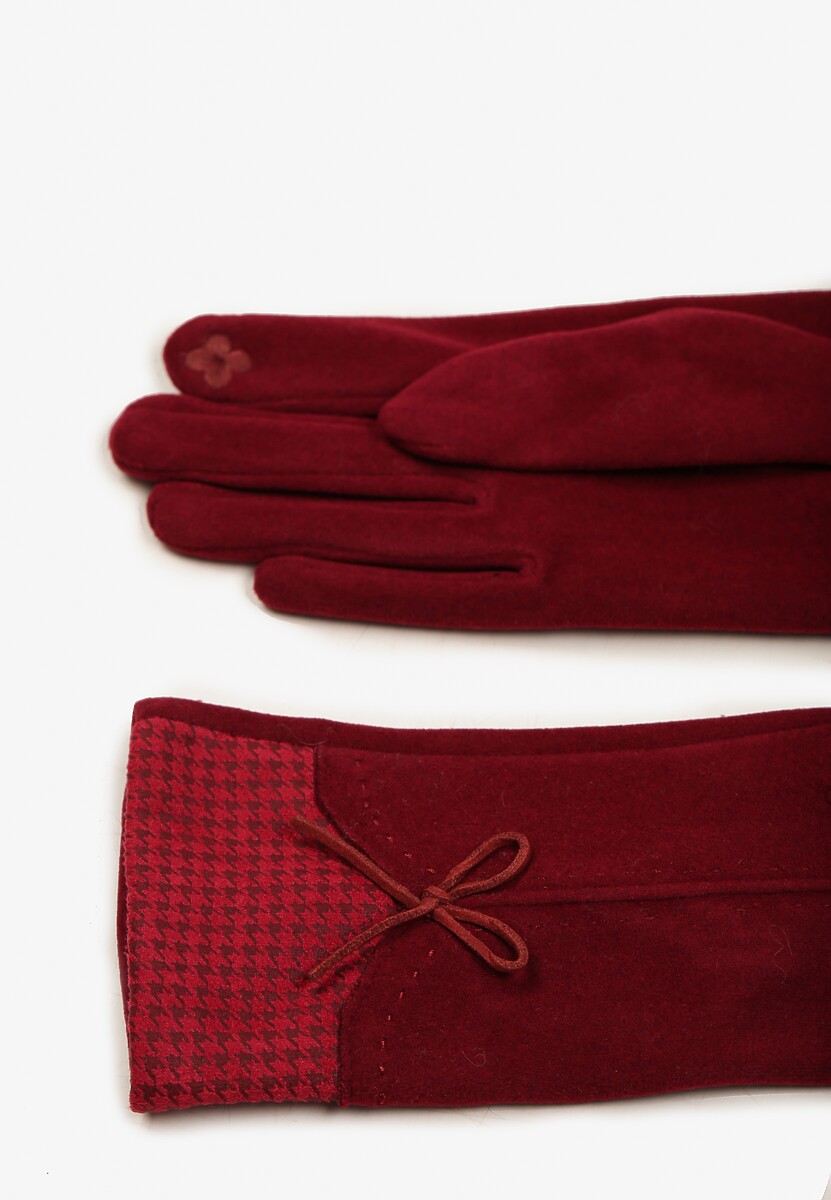Bordowe Rękawiczki z Bawełną Cyrkoniami i Kokardką Adelirra