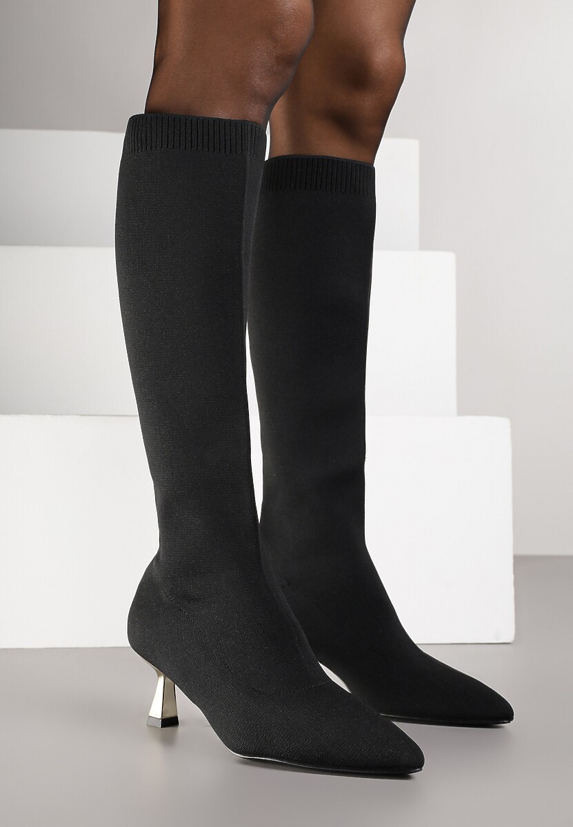 Czarno-Złote Kozaki Vices na Kaczuszce Ozdobione Skarpetową Cholewką Asonelle