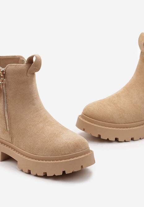 Beżowe Botki z Ozdobną Taśmą z Nadrukiem Dudre