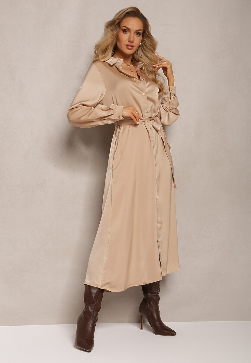 Beżowa Rozkloszowana Sukienka Koszulowa z Paskiem Physsa
