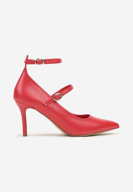 Czerwone Czółenka na Szpilce Wykończone Paskami ze Sprzączkami Beridina