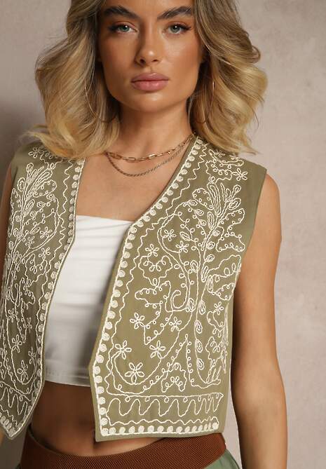 Ciemnozielona Kamizelka z Bawełny z Ozdobnym Haftem Worvanis