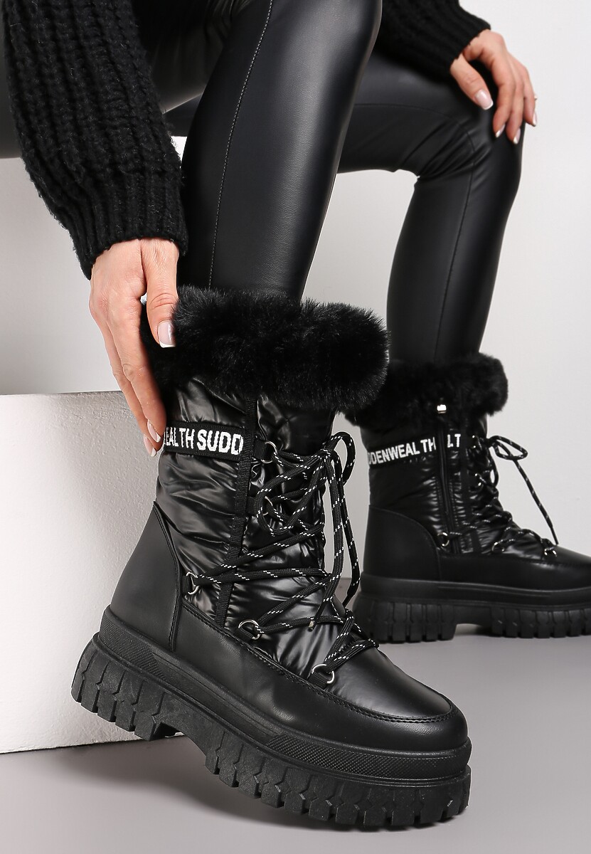 Czarne Śniegowce na Grubej Podeszwie z Futerkiem i Nadrukiem Juewa