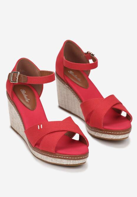 Czerwone Sandały na Plecionej Koturnie Lomatre