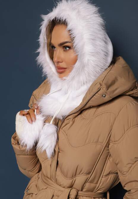 Ciemnobeżowa Kurtka Pikowana z Paskiem Begetir