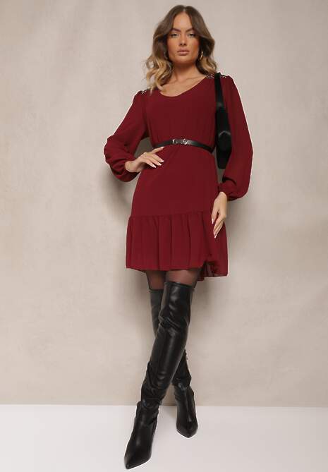 Bordowa Sukienka z Wiskozą z Bufiastymi Rękawami i Falbanką u Dołu z Siateczki Ilita