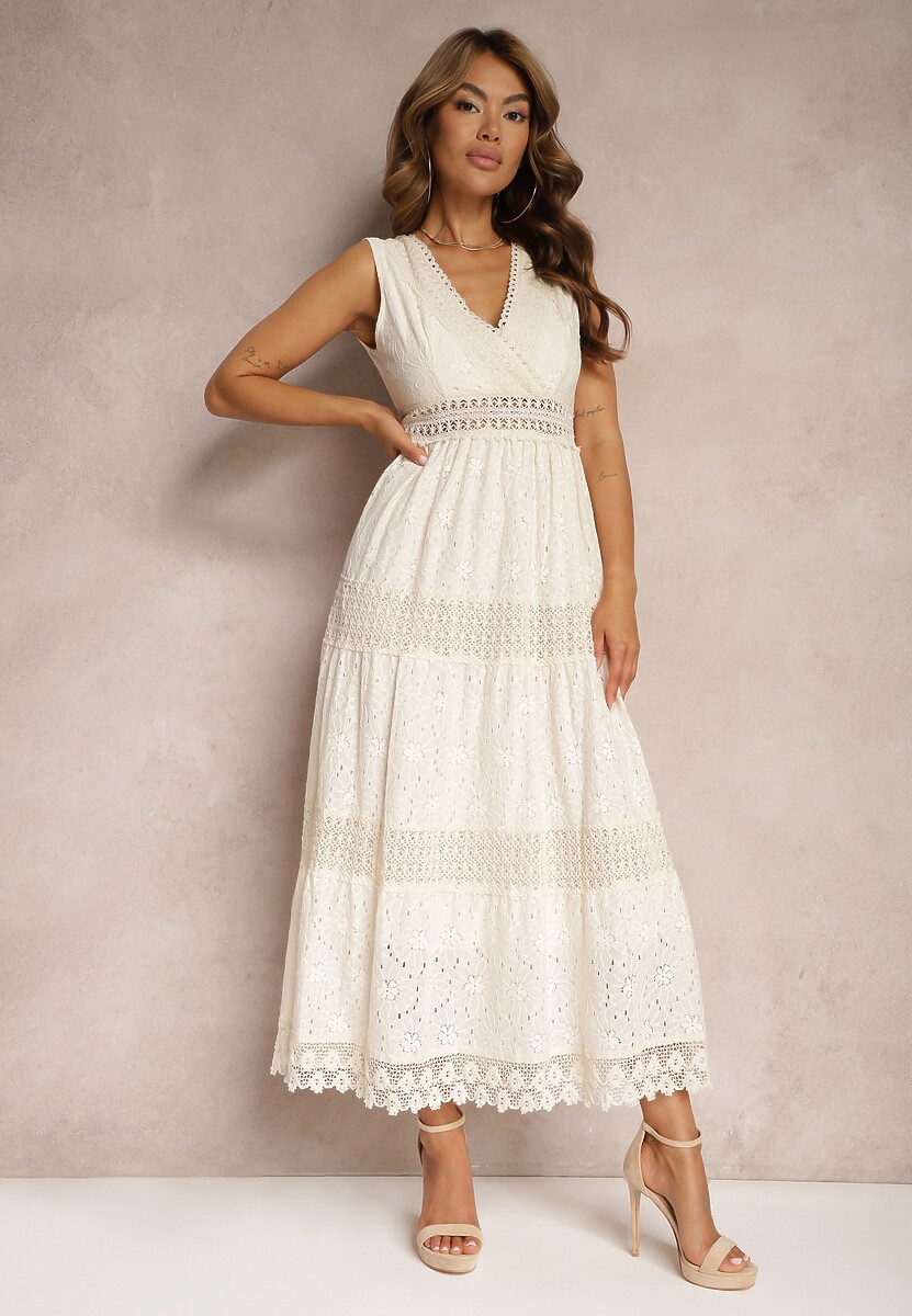 Beżowa Kopertowa Sukienka Maxi z Wiązaniem na Plecach z Koronkowej Tkaniny Sonaia