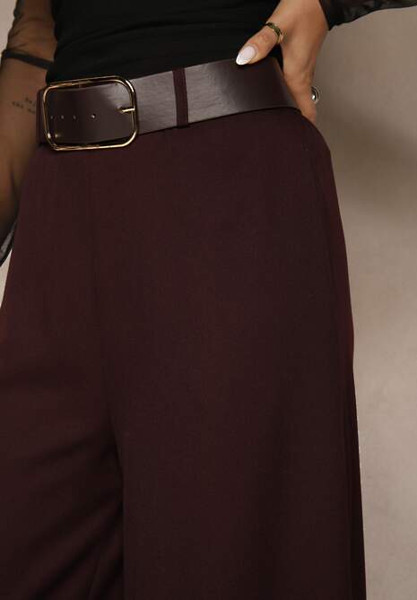 Bordowe Szerokie Garniturowe Spodnie z Bawełny High Waist Ozdobione Paskiem Tusneva