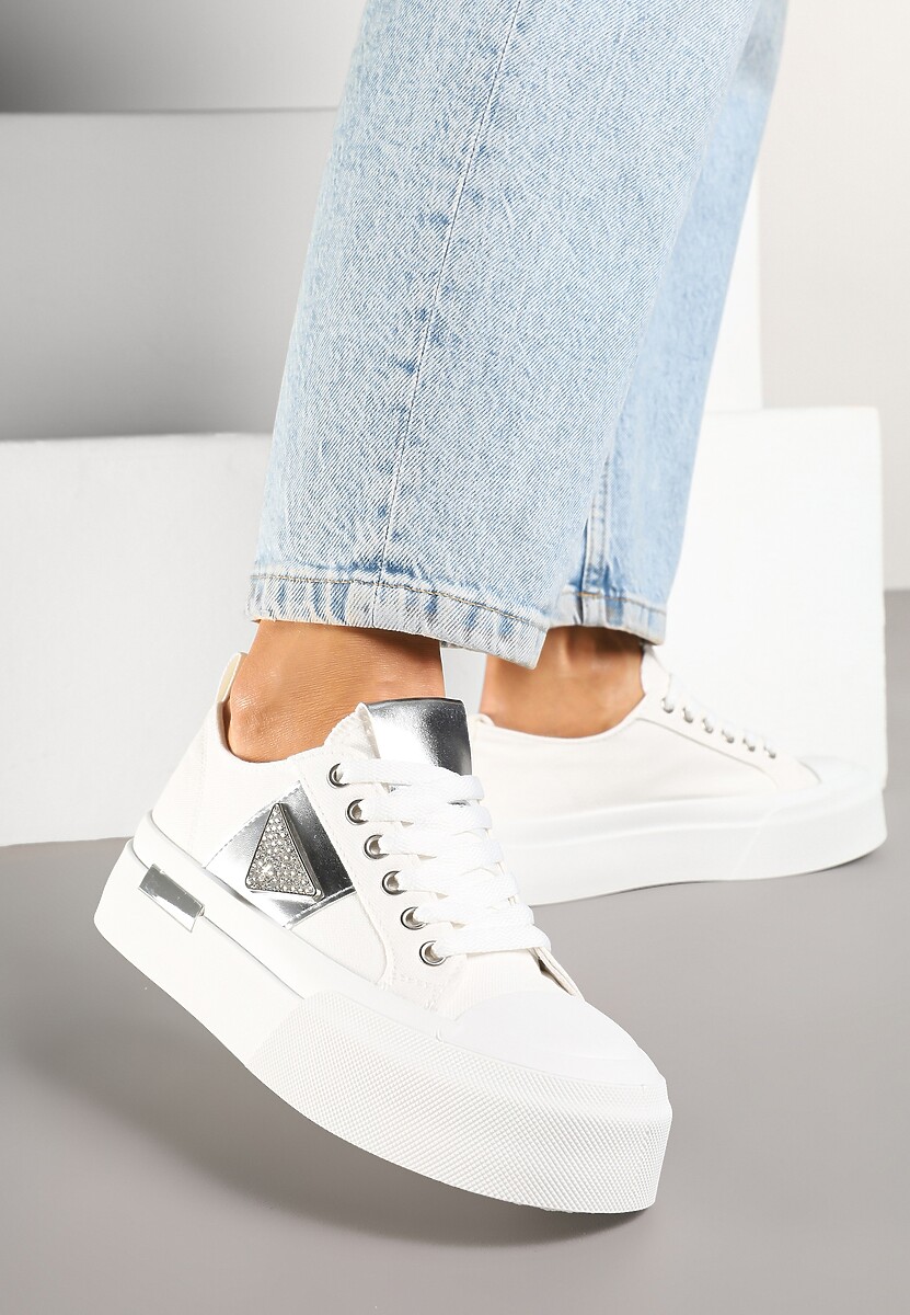 Białe Trampki na Grubej Podeszwie z Cyrkoniową Naszywką Penirea