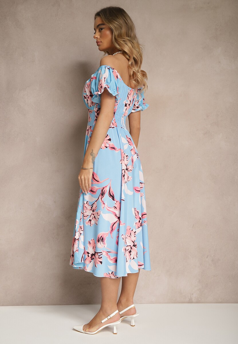 Niebieska Sukienka z Bawełną Rozkloszowana w Kwiatowy Print z Dekoltem Łódką Annirna