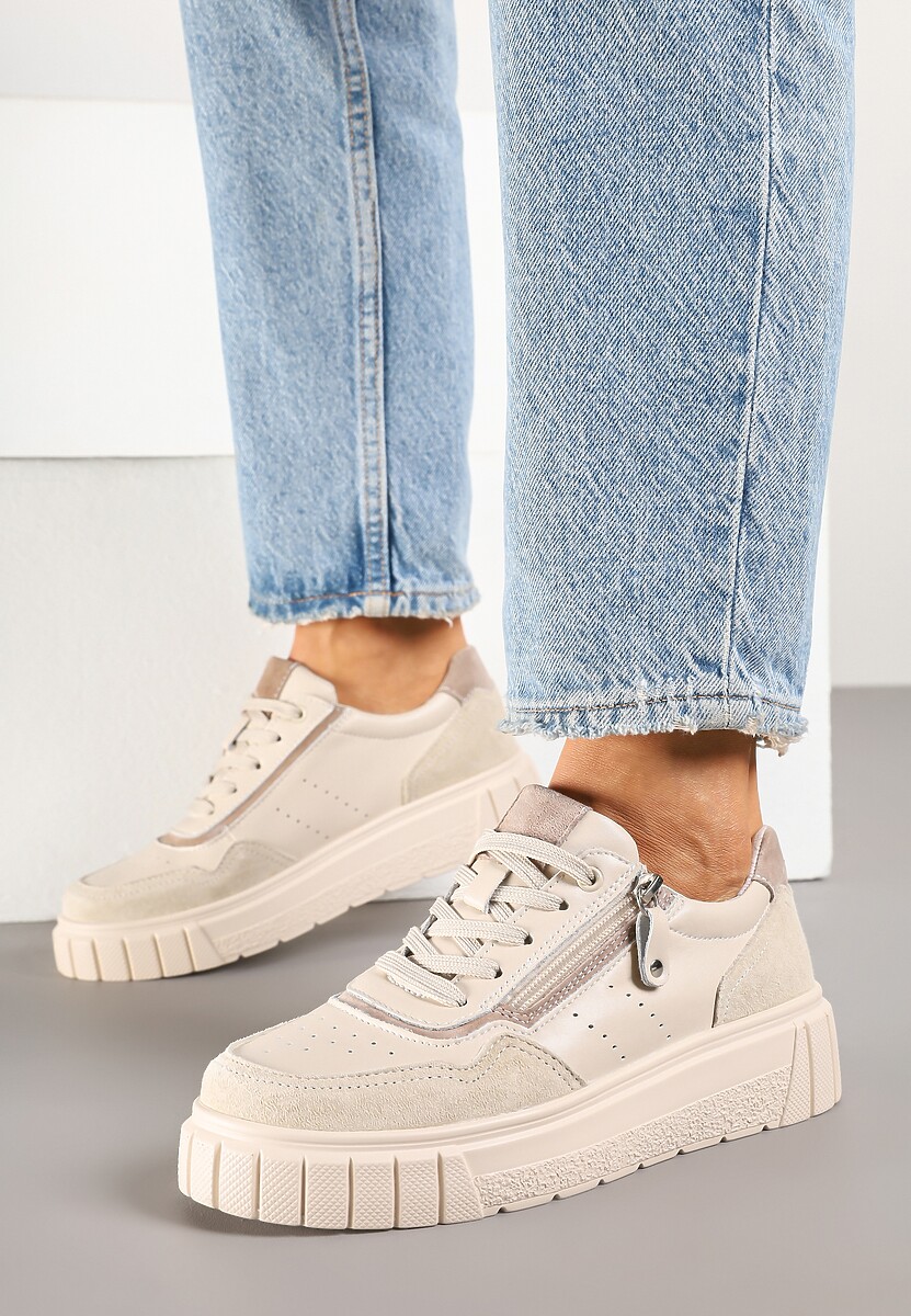 Beżowe Sneakersy ze Skóry Naturalnej z Ozdobnym Suwakiem Tilliraya