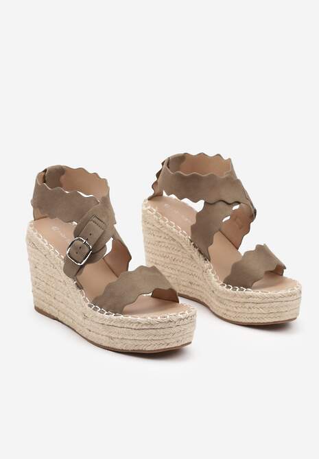 Ciemnozielone Sandały na Koturnie z Juty z Ozdobnymi Paskami Rhexinn