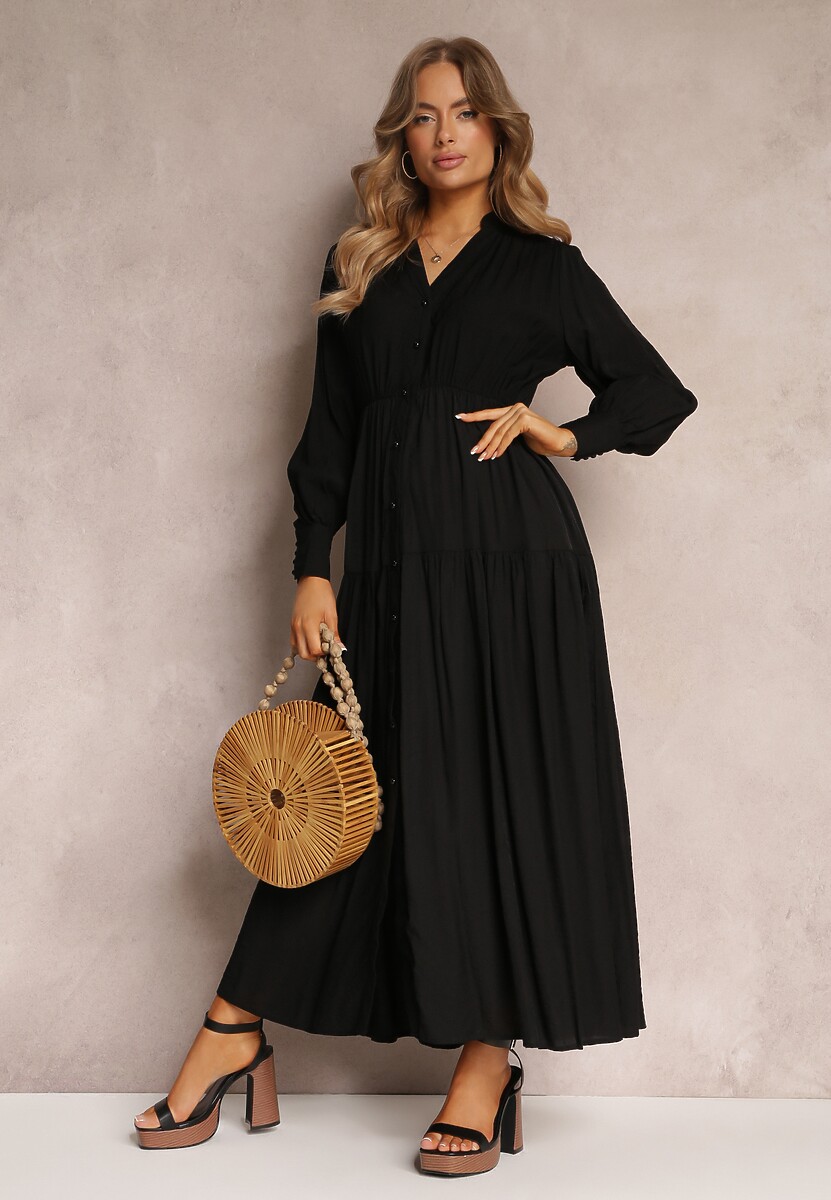 Czarna Rozkloszowana Sukienka z Gumką w Pasie i Ozdobnymi Guzikami Graziela