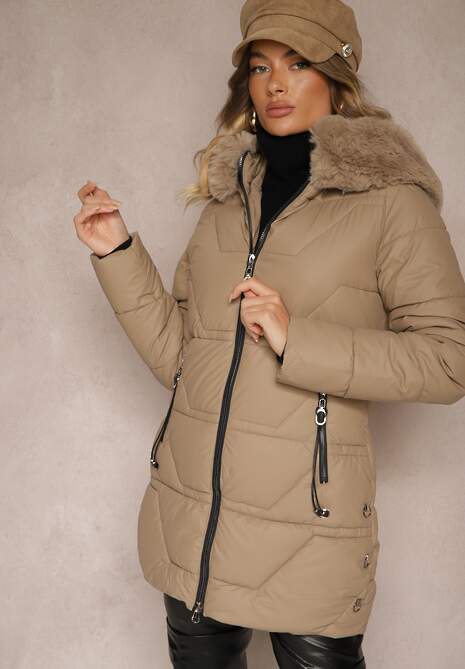 Beżowa Zimowa Kurtka Pikowana Ozdobiona Futrzanym Kołnierzem Elladriel