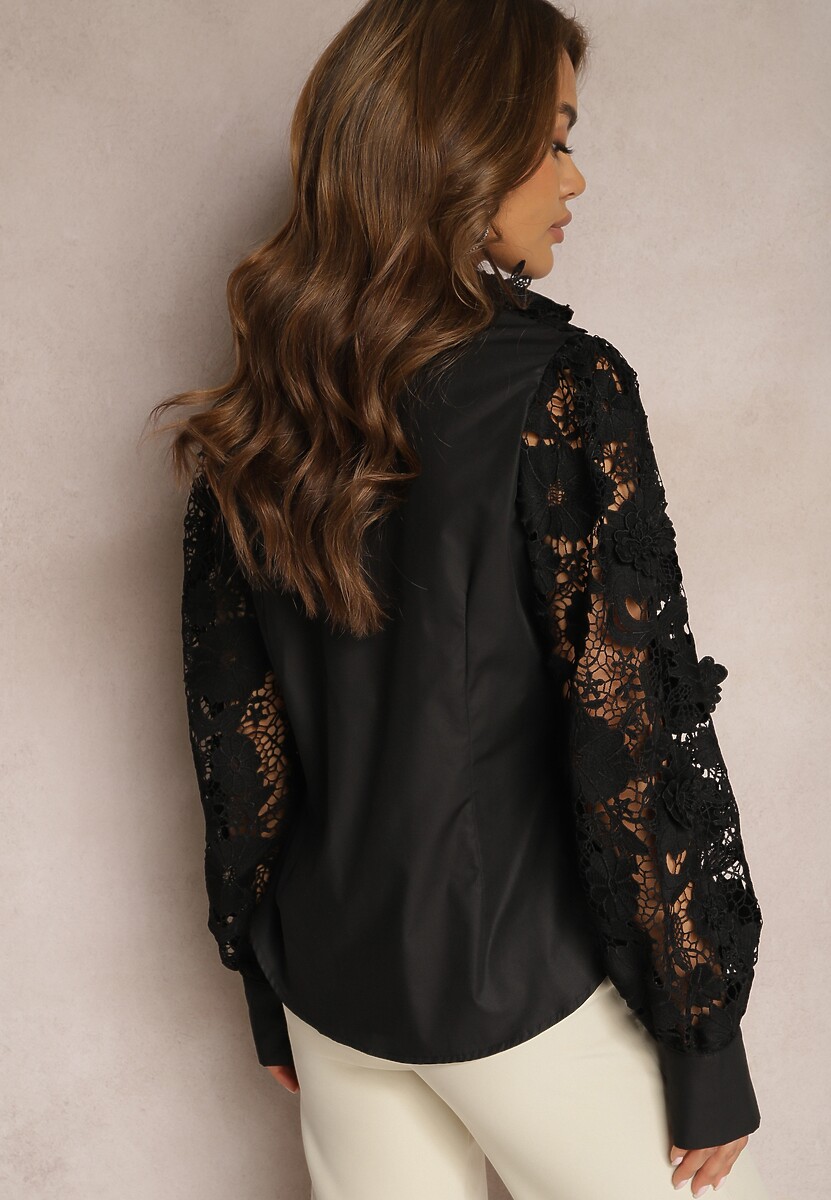 Czarna Koszula Koronkowa Zapinana na Guziki Aneries