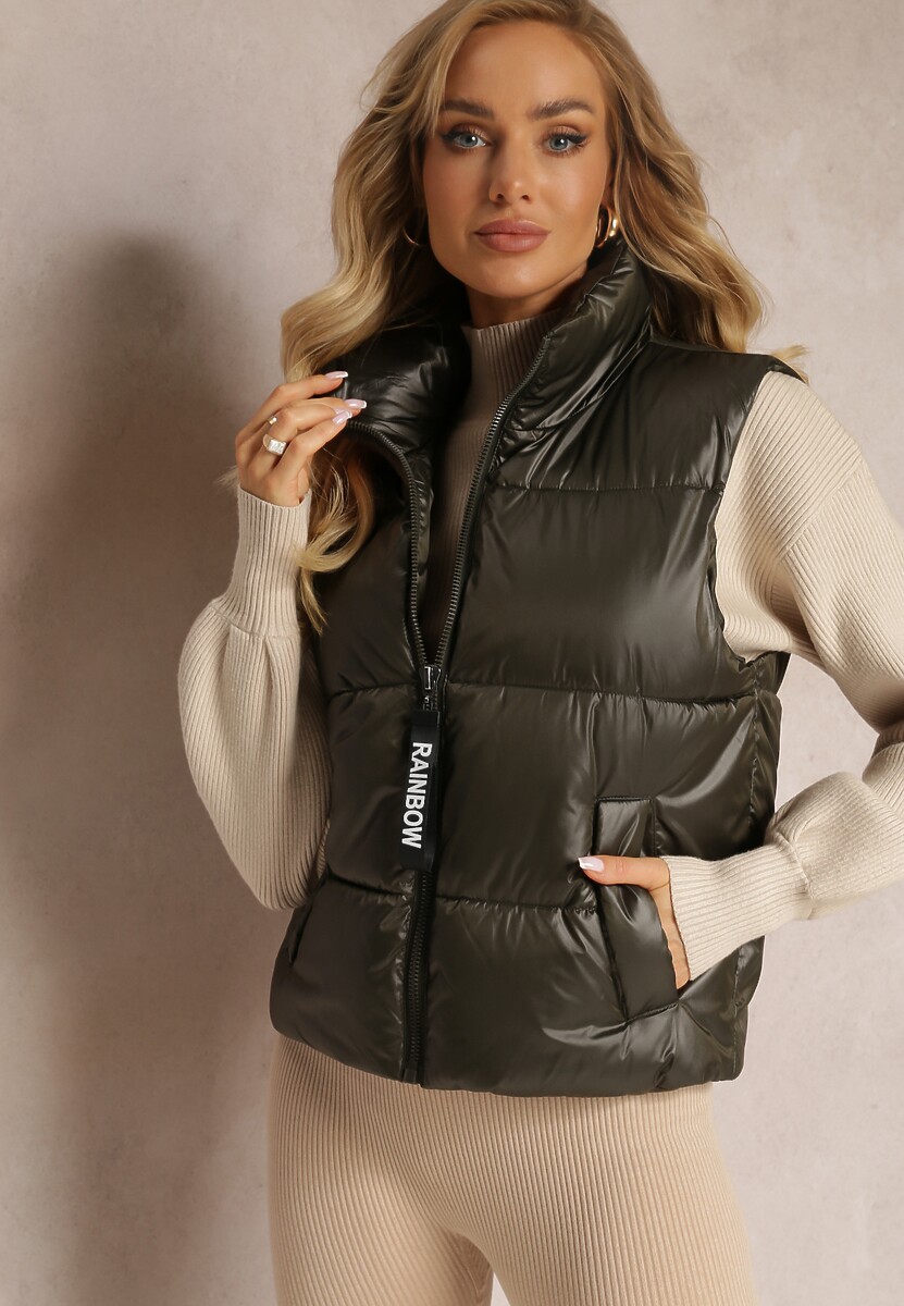 Ciemnozielona Pikowana Kamizelka z Szerokim Kołnierzem Cerissa