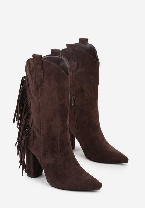 Brązowe Botki Kowbojki na Słupku Ozdobione Frędzlami Reikka