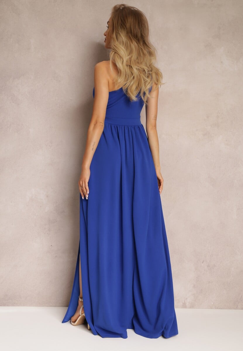 Granatowa Asymetryczna Sukienka Na Jedno Ramię z Rozcięciem na Dole Xionia