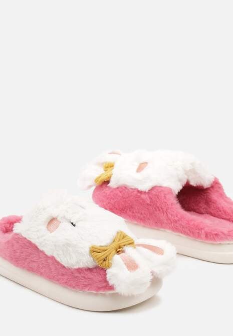 Ciemnoróżowe Kapcie na Płaskiej Podeszwie Ozdobione Króliczkiem 3D Temiena