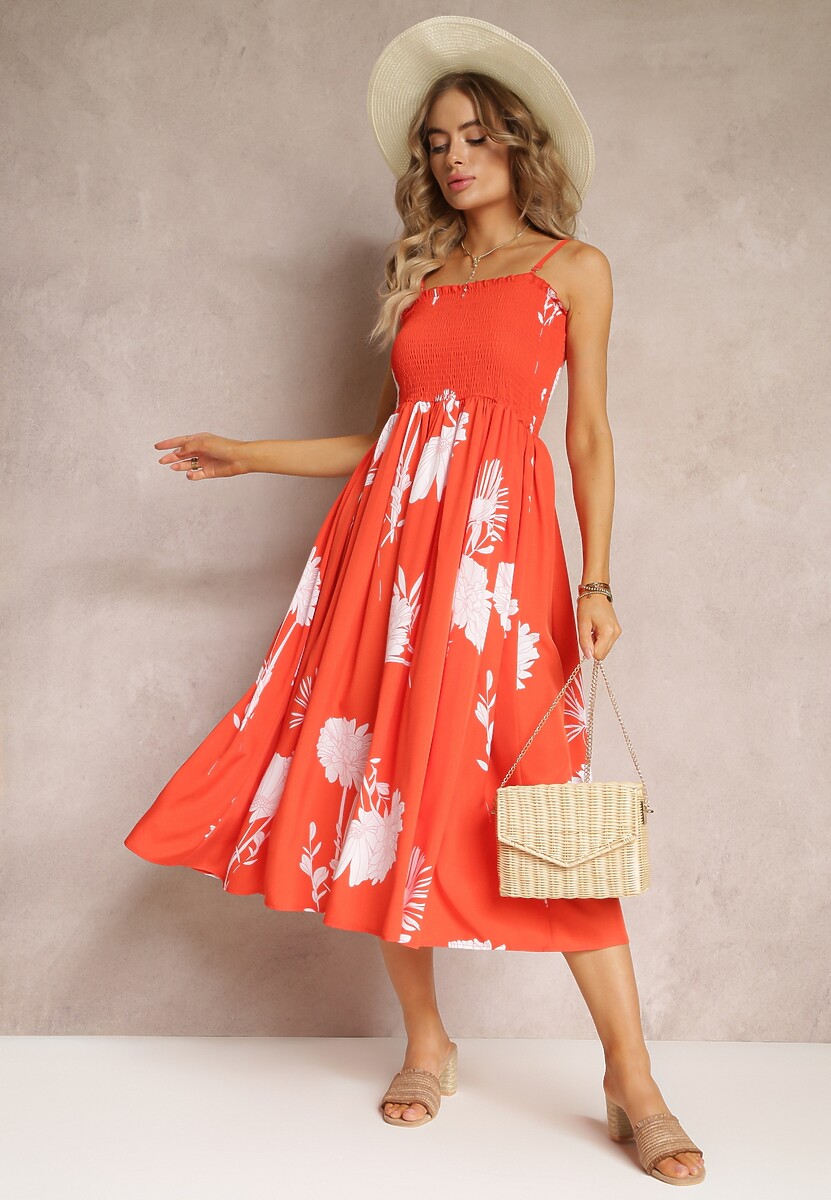 Pomarańczowa Rozkloszowana Sukienka w Kwiaty Cronida