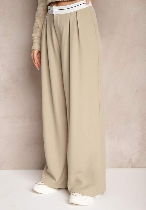 Beżowe Spodnie z Wiskozy Palazzo High Waist Zapinane na Suwak Nellieva