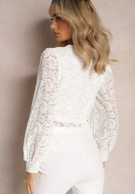 Biała Koronkowa Bluzka o Krótkim Fasonie z Mankietami Skylame