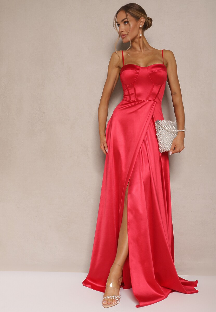 Czerwona Sukienka na Ramiączkach o Rozkloszowanym Kroju z Wiązaniem na Plecach Katirione