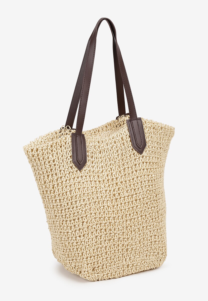 Beżowa Torebka z Plecionki na Długich Rączkach w Typie Worka Tlease