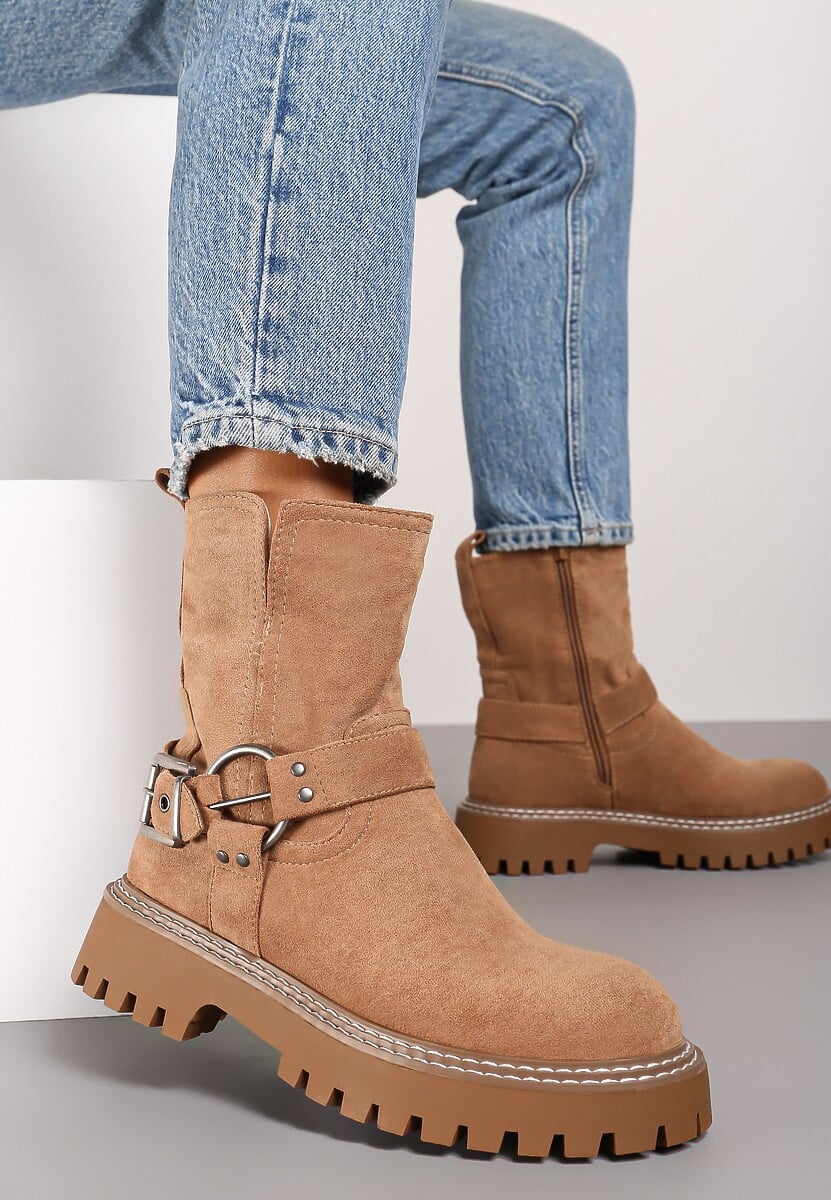 Czarne Płaskie Botki w Stylu Biker Ozdobione Klamrami i Paskami Terinene