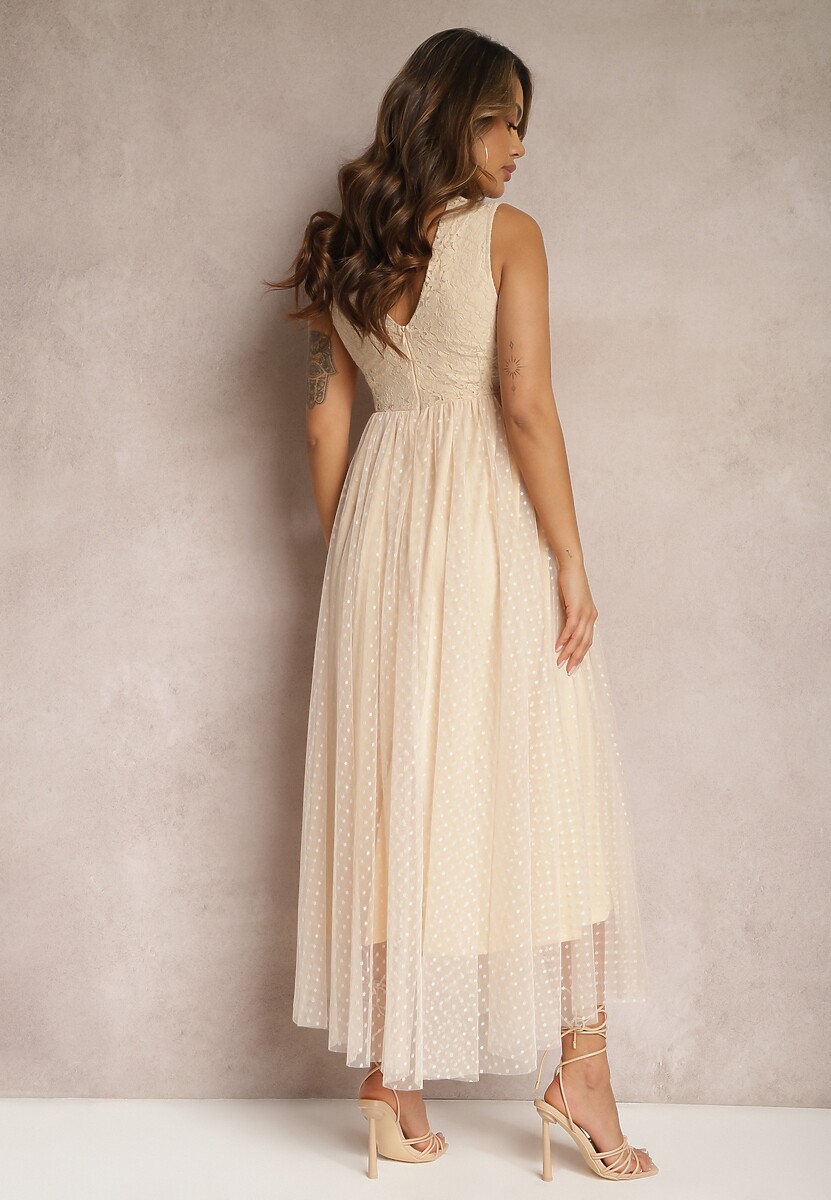 Beżowa Maxi Sukienka o Rozkloszowanym Kroju z Koronką i Tiulem Herdolia