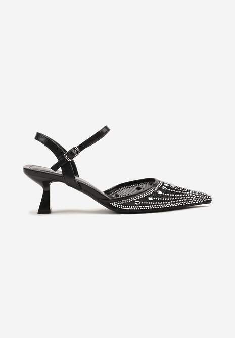 Czarne Sandały na Kaczuszce ze Szpiczastym Noskiem Zdobionym Cyrkoniami Adive