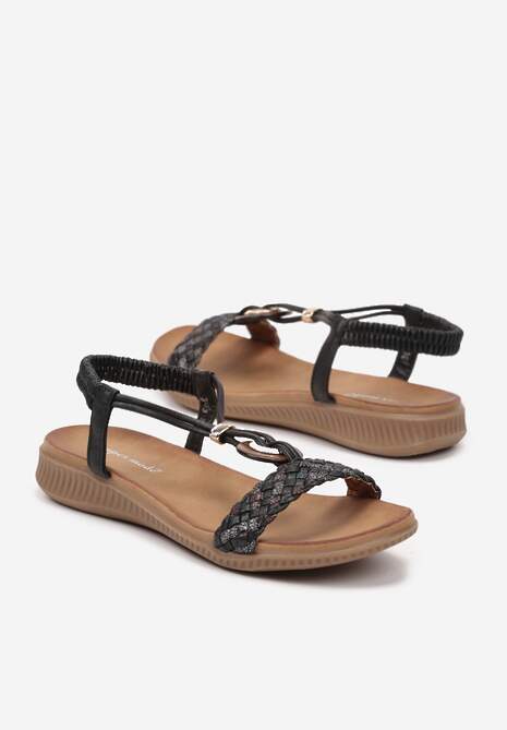 Czarne Sandały na Wsuwanie z Drewnianą Okrągłą Wstawką Valmira