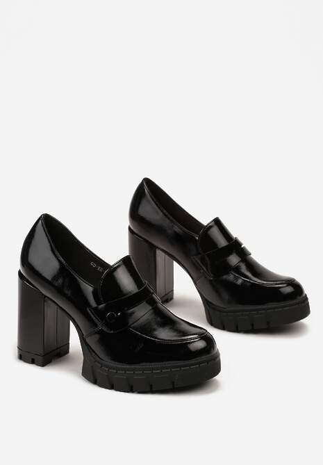 Czarne Półbuty w Stylu Loafersów na Słupku z Platformą i Skórzaną Wkładką Xailla