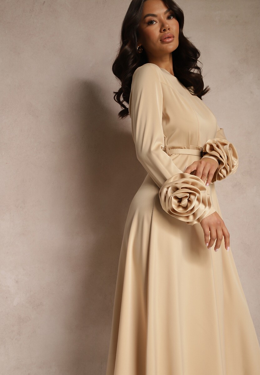 Beżowa Koktajlowa Sukienka z Kwiatowymi Aplikacjami 3D na Rękawach i Paskiem Temiraia