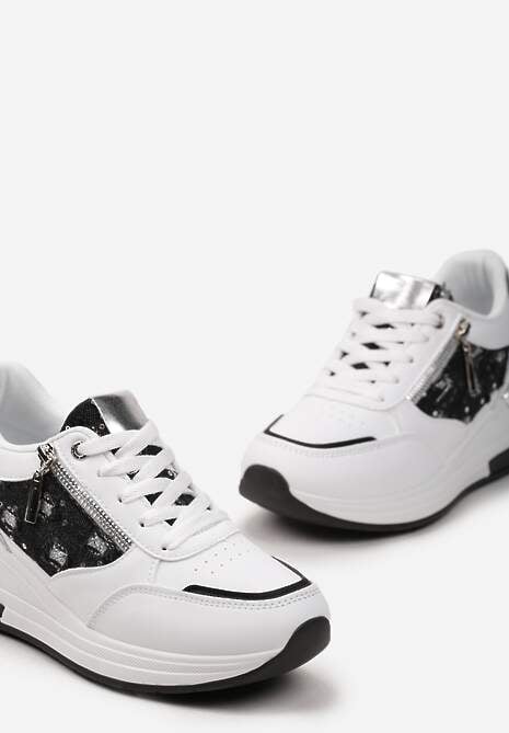 Biało-Czarne Sneakersy na Koturnie z Ozdobną Wstawką z Suwakiem i Sznurowaniem Dastas