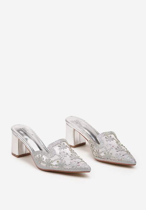 Srebrne Klapki Mule na Słupku z Cyrkoniami na Szpiczastym Nosku Milith