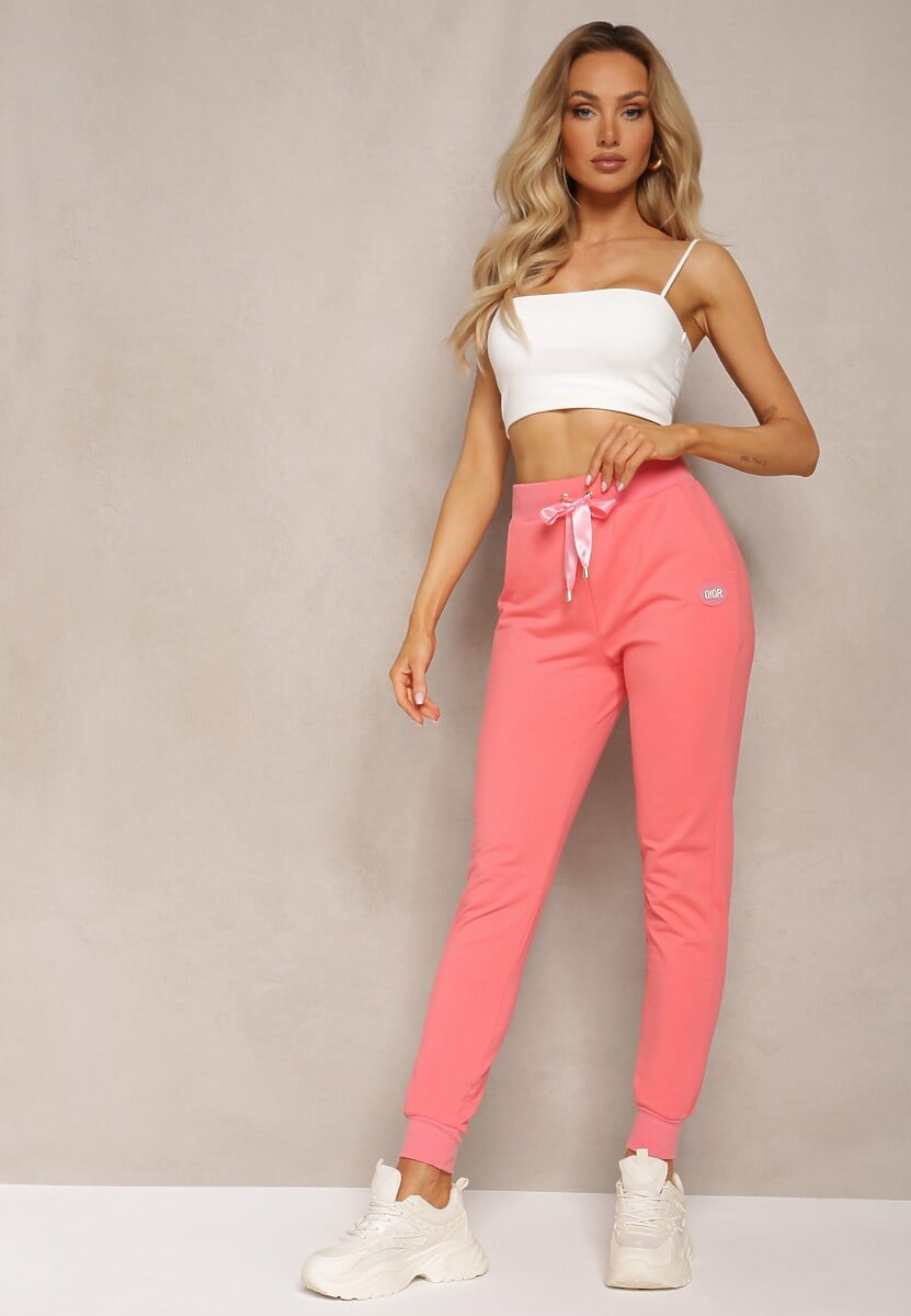 Różowe Dresowe Spodnie High Waist z Cyrkoniami Bolia