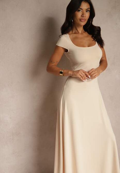 Jasnobeżowa Rozkloszowana Sukienka z Wiskozą z Kwadratowym Dekoltem Nalorina