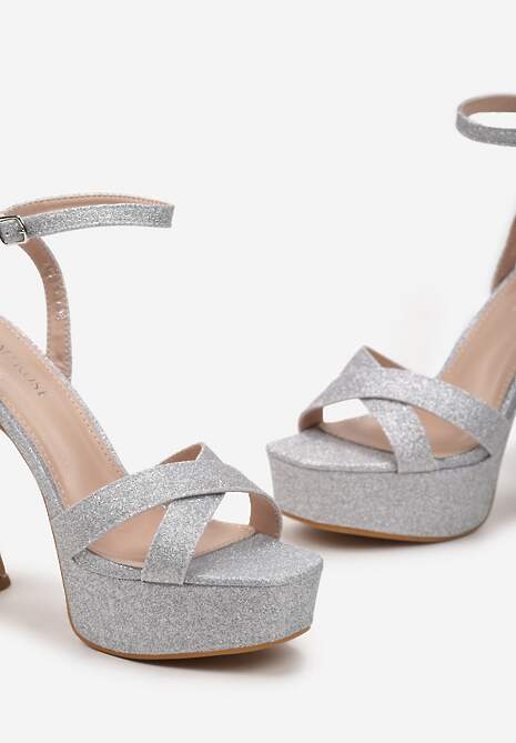 Srebrne Brokatowe Sandały na Klepsydrowej Szpilce i Wysokiej Platformie Zarissa