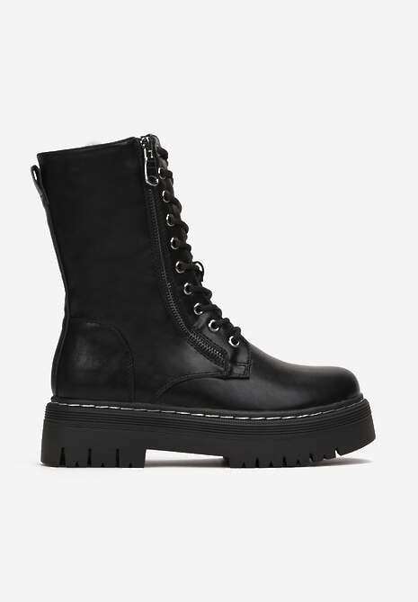 Czarne Sznurowane Botki Workery na Grubej Podeszwie Isolte